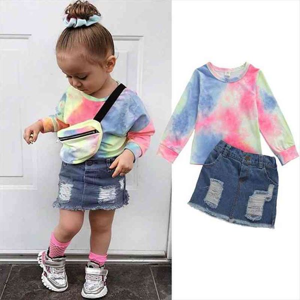 

summer children baby girl clothing sets short sleeve tie dye print t-shirts ripped denim shorts children kids girls 2pcs suits, White