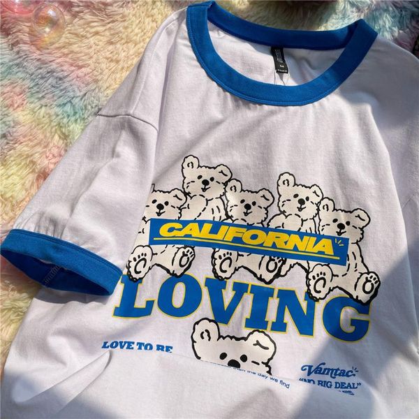 

100%cotton retro bear american vintage style t shirts women summer oversized tshirts 2021 brand fashion cute teens girls women's t-shi, White