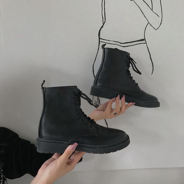 

boots platform combat ankle for women lace up buckle strap woman shoes winter biker motorcycle, Black