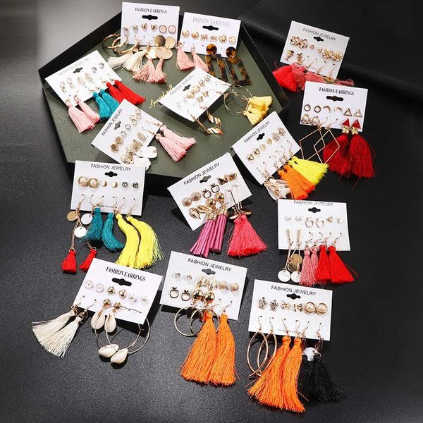 

kimter bohemia dangle earrings set for women girls 31 styles fashion layered tassel earring acrylic hoop studs jewelry dhl k38fa, Silver