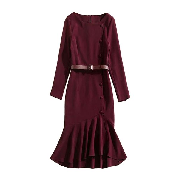 Nero Vino Rosso O Collo Manica lunga Solid Sash Autunno Midi Dress Elegante Sirena Tromba Ruffle D3002 210514