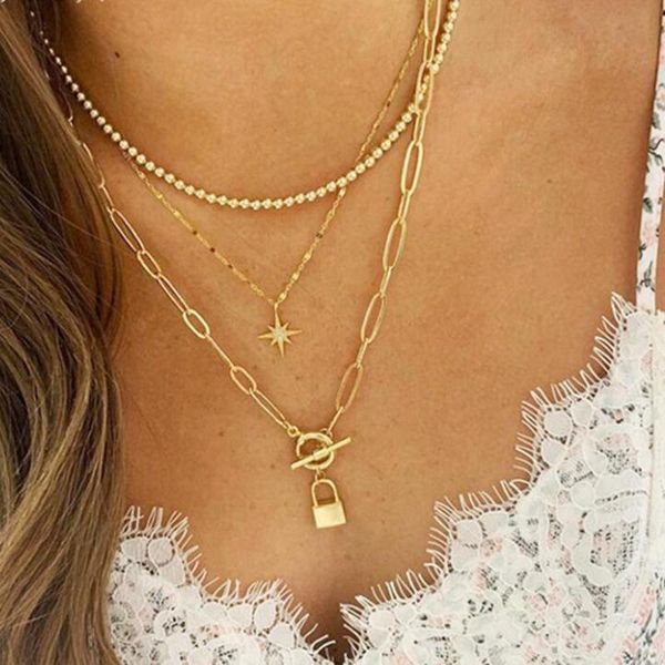 

pendant necklaces gold color alloy beads chain buckle necklace for women multilayer star lock padlock collares punk neck jewelry, Silver