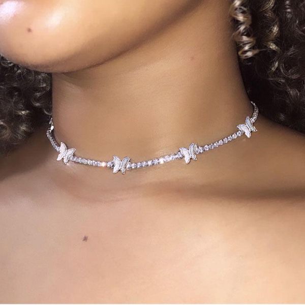 

chains hip hop bling butterfly crystal chain choker necklaces for women rhinestone tennis party jewelry gifts, Silver
