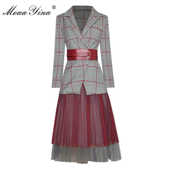 

fashion designer set spring autumn women's long sleeve plaid suit +mesh skirt two-piece set 210524, White