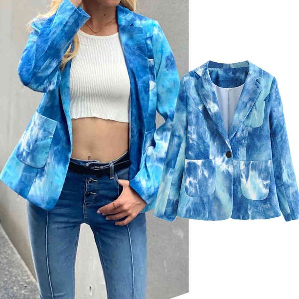

fashion tie dye blue loose long female jacket unique breasted blazer, White;black