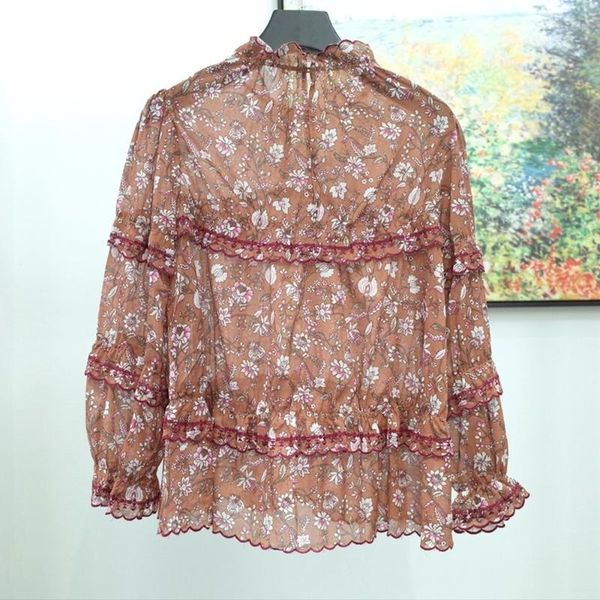 

autumn style floral print women blouse embroidery printing two-color stand collar long-sleeved shirt women's blouses & shirts, White