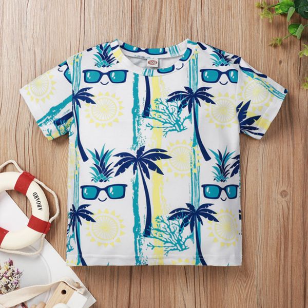 

cartoon boy t-shirt children's clothing summer kids coconut glasses print short-sleeve bottoming shirt 210515, Blue