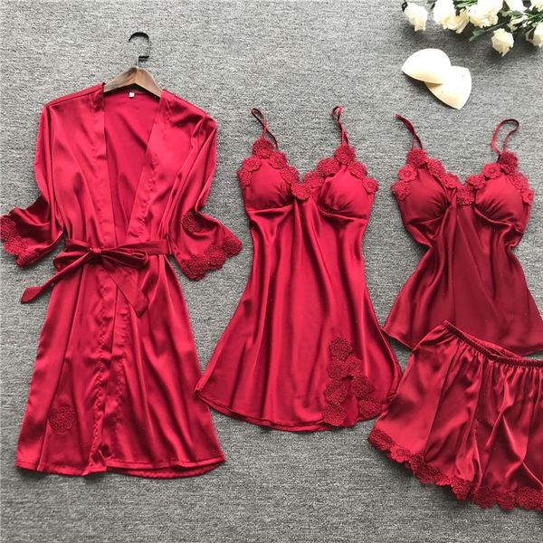 

15style home wear lace solid women sleepwear long sleeve silk embroidery satin clothing sleeveless nightwear pajama sets, Black;red