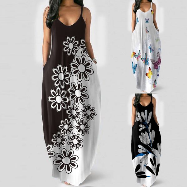 

long dress loose casual summer printing pocket sling sleeveless dresses for women 2021 fashion vestidos femme drop shipping, Black;gray