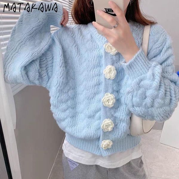 

women's knits & tees matakawa autumn knitted cardigan koran round neck long sleeve flower buttons casual women's sweaters solid hig, White