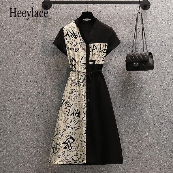 

plus size dresses office ladies elegant patchwork summer v neck short sleeve letter print vintage midi female black robe