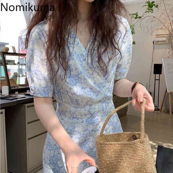 

nomikuma summer blue floral printed dress women v neck short sleeve korean chic dresses female slim waist vestidos mujer 210514, Black;gray
