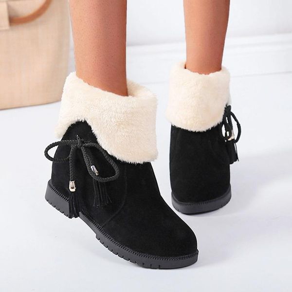

boots women warm snow ladies flat short plush stretch knitting wool fur lined winter ankle woman shoes, Black