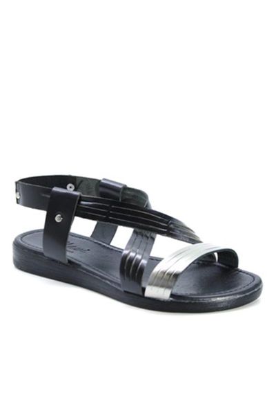 

222n black-silver flat leather women sandals