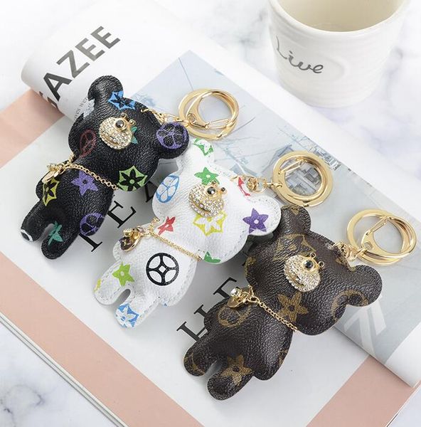 

bear diamond design simulated animal key chain brand designer bag backpack flower print keyring charm cartoon pattern car keychain phone pen, Silver