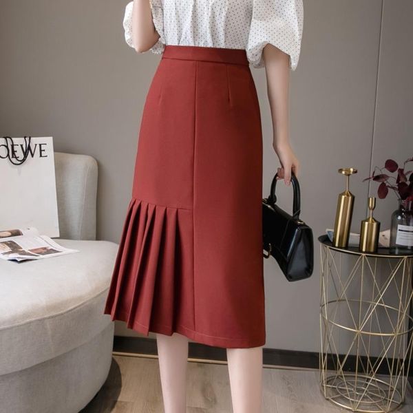 

skirts spring long pleated 2021 fashion elegant high waist hip package midi skirt korean office lady work wear irregular, Black