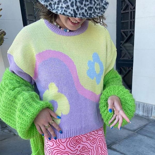 

women's sweaters 2021 autumn winter contrast sweater round neck flower printed wool pullover top, White;black