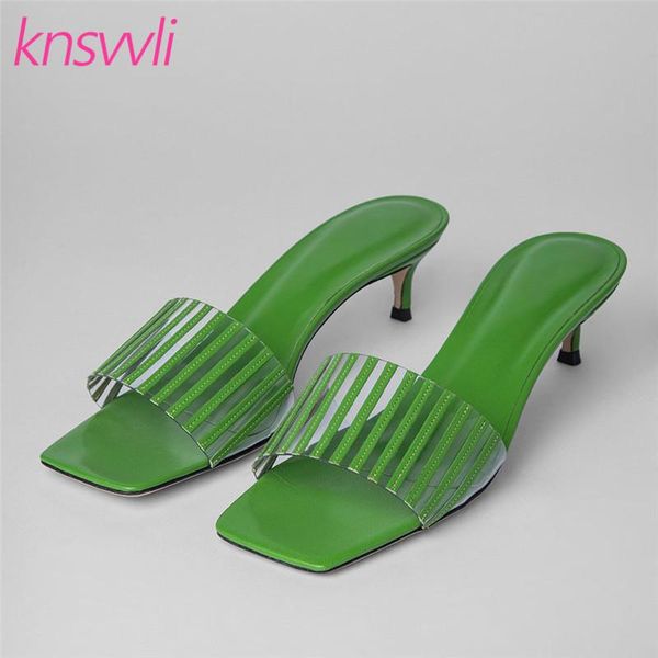 

slippers clear stripes kitten heels women square toe candy color mules ladies sandals thin slides designer shoes woman, Black