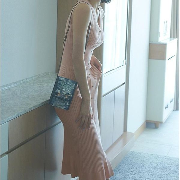 

casual dresses summer slim bodycon trumpet solid v neck single breasted sleeveless knit woman dress fashion elegant vestidos, Black;gray