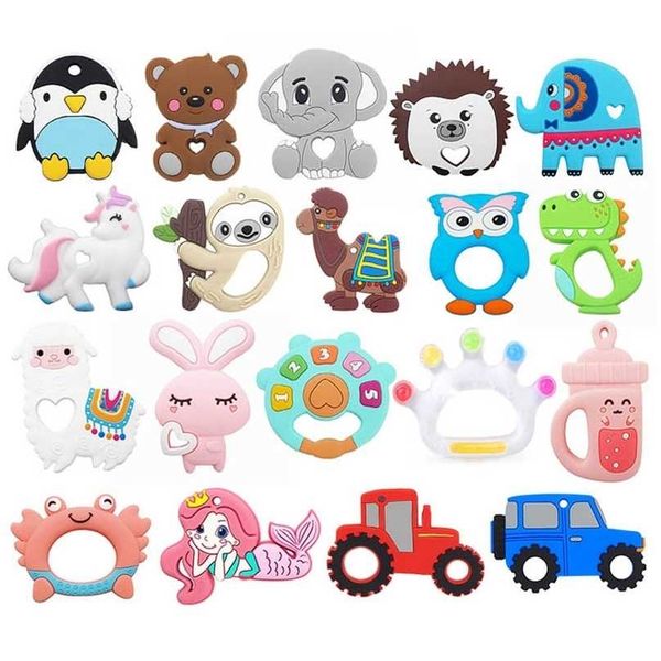 Chenkai 10pcs Silicone Teether Princesa Leão Castelo Rocket Rainbow Bolo Panda Koala Teething Diy Baby Dummy Accessory 211106