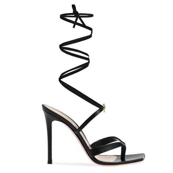 

dress shoes summer style lace-up rome fashion square head sheepskin stiletto sandals banquet large size women's, Black