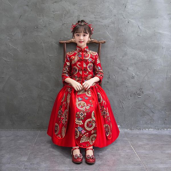 

girls birthday party dress flower girl wedding gown formal kids dresses for chinese hanfu year's clothes ethnic clothing, Red