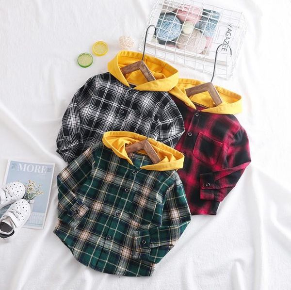 

80-100cm height 2021 spring boys casual letter plaid shirt with hood 1pc fashion style jacket shirts, White;black