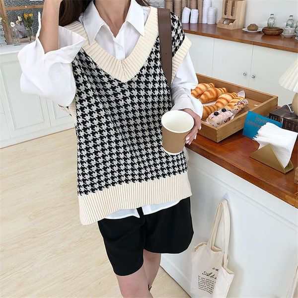 

women's vests fashion women knitted vest pullovers v neck sleeveless houndstooth jumper korean loose plaid sweater, Black;white
