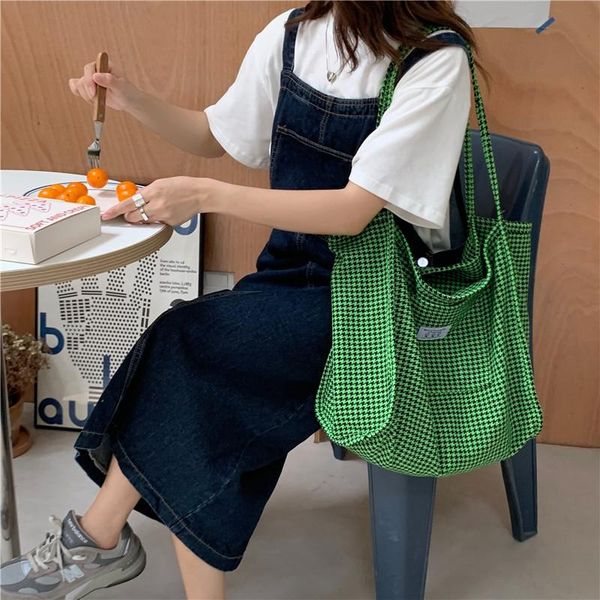 

evening bags women winter woolen cloth shoulder bag korean warm canvas handbag retro grid big shopping casual tote with outside pocket