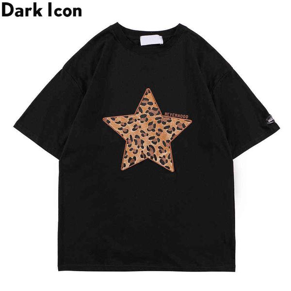 

leopard five star embroidery men's t-shirt streetwear summer oversized tshirts for men man clothing 210603, White;black