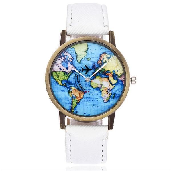 

wristwatches global travel by plane map women dress watch denim fabric band 11.21, Slivery;brown