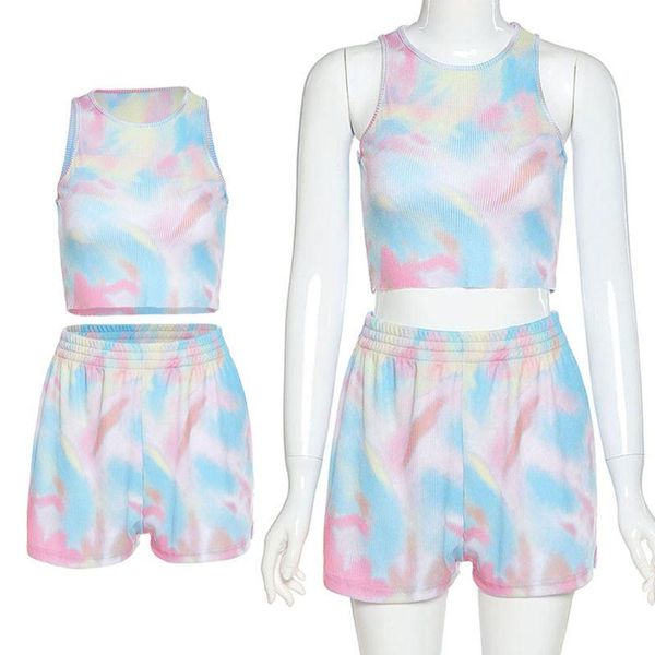 

women tie-dye print tracksuit sleeveless cropped tank high waist split slim shorts two piece outfits set summer sportwear dress, White