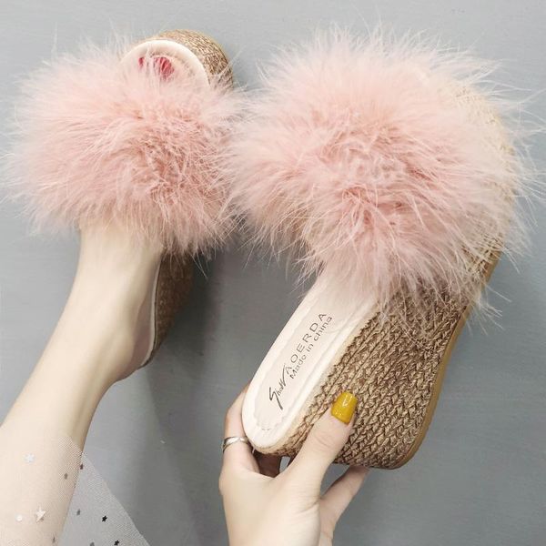 

slippers sweet pink fur platform women all-match long ostrich high heels wedges ladies furry slides beach shoes size 40y1041, Black