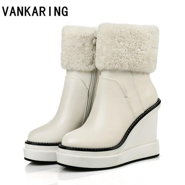 

boots 2021 autumn winter ankle women snow natural wool genuine leather wedge platform high heel zipper warm, Black