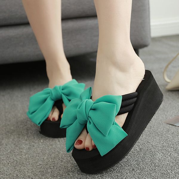 

summer casual bowknot wedges creeper clip toe muffins slides shoes woman platform high heel beach flip flops anti-skid slippers, Black