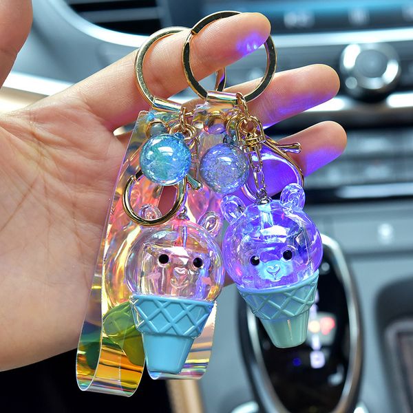 

2021 fashion keychain cartoon ice cream acrylic bear small gift creative doll keychain, Slivery;golden