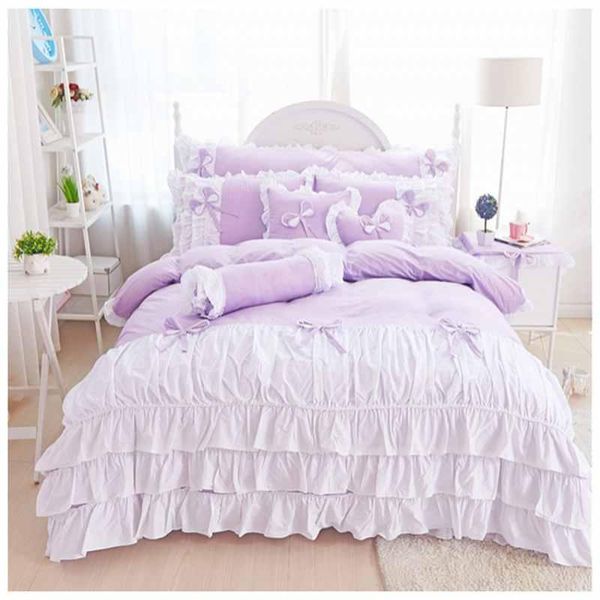 

bedding sets 100% cotton bedspread bed skirts 4pcs princess set king  size ruffles duvet cover color pillowcases purple
