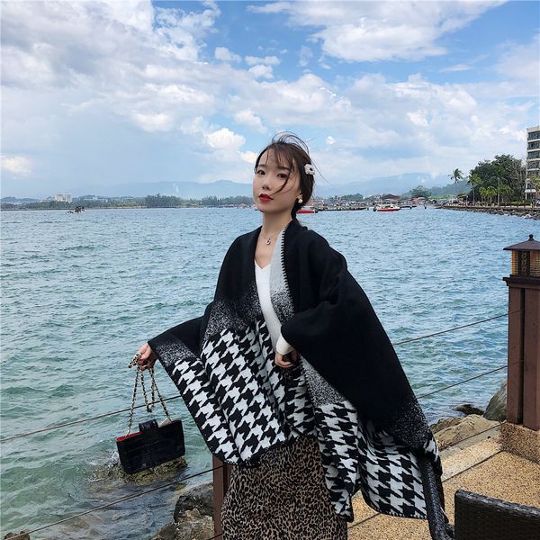 

houndstooth national wind fall and winter scarves shawl female thick warm cashmere imitation outside oversized cape students take blankets, Blue;gray