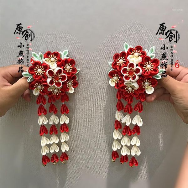 

japanese style vintage handmade cloth flower red tassel hair clip comb accessories for clothes firkete /horquilla1