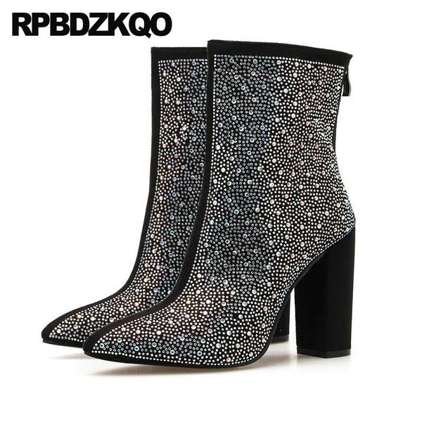 

boots chunky rhinestone pointed toe designer shoes women luxury 2021 high heel black big size ankle 10 extreme fetish diamond