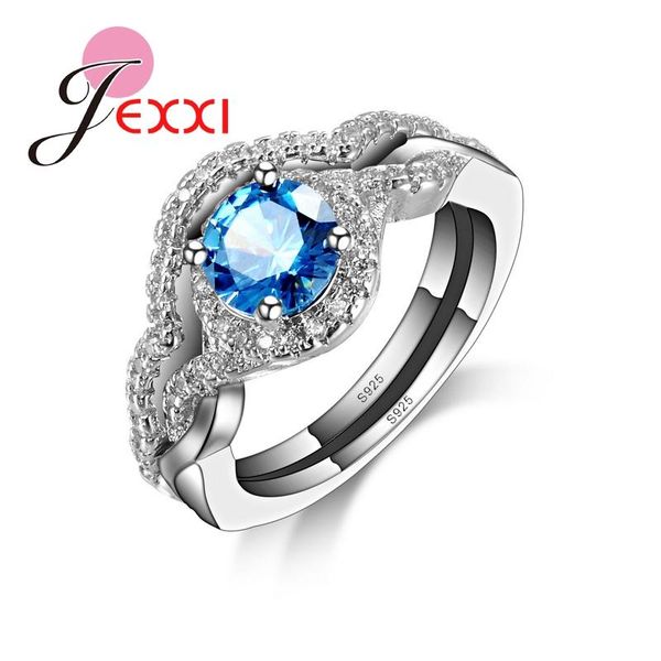 

round blue cubic zircon 925 sterling silver wedding band engagement ring set fashion jewerly cluster rings, Golden;silver