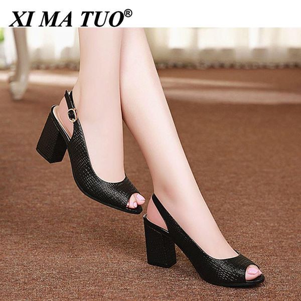 

sandals 2021 summer shoes woman open toe women genuine leather high heel casual platform, Black