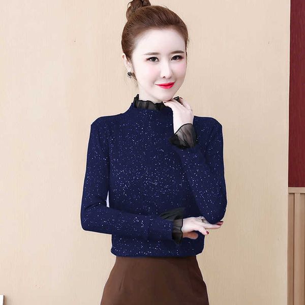 

thin style spring autumn lace blouses shirt casual long sleeve turtleneck navy black wine red blusas df3130 210609, White