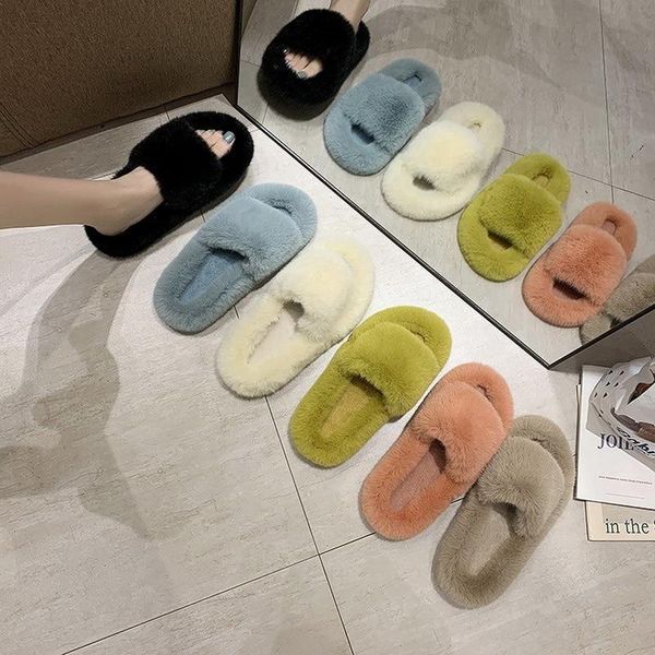 

fluffy raccoon fur slippers shoes women real flip flop flat furry slides outdoor sandals woman amazing, Black