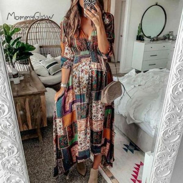 

maternity long dress printing folding elegant plus size dresses, White