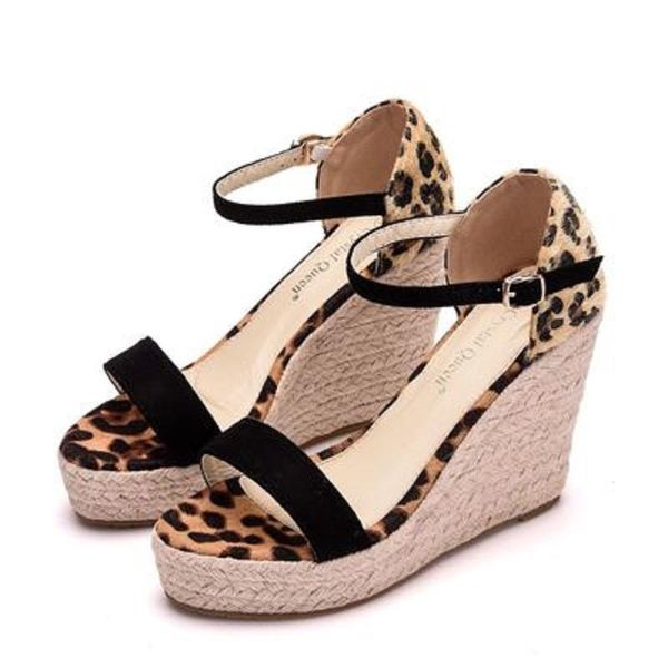 

explosion models ladies sandals color matching horse hair leopard waterproof platform fish mouth open toe wedge large si, Black