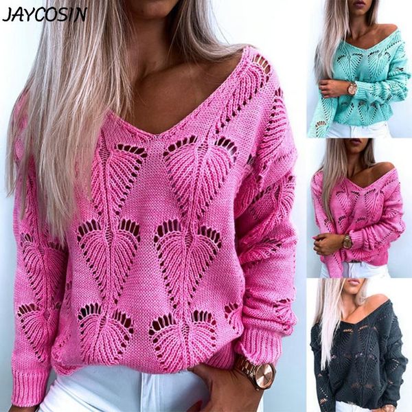 

women's sweaters jaycosin casual solid women knitted spring autumn long sleeve pullover ladies v neck hollow out sweater 2021, White;black