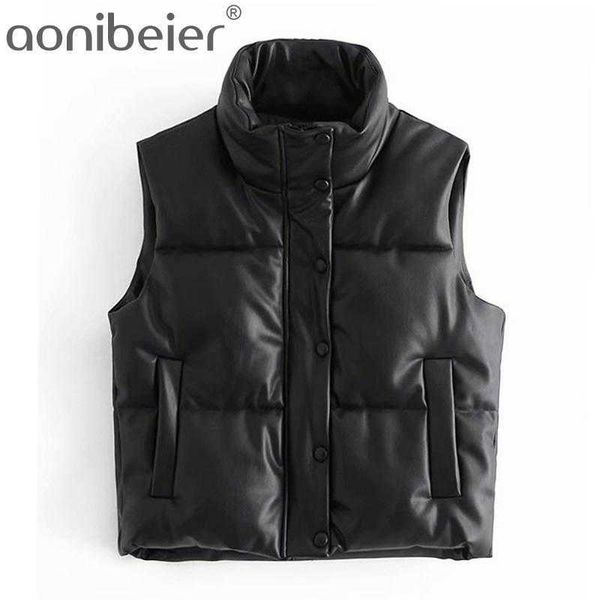 

women za fashion leather cotton cropped padded waistcoat vintage sleeveless female autumn winter vest outerwear 210604, Black;white
