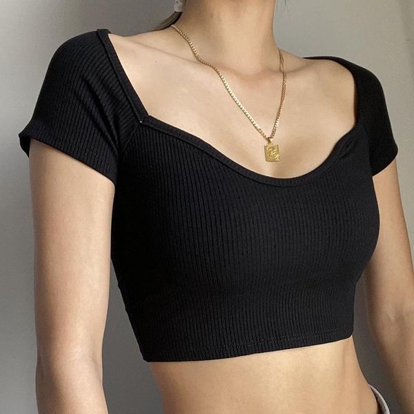 

women's t-shirt 2021 summer commuter slim short square collar sleeve, White