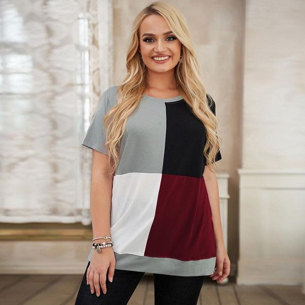 

plus size t-shirt contrast multicolor elegant blouse women summer o neck short sleeve casual 5xl big ladies, Black